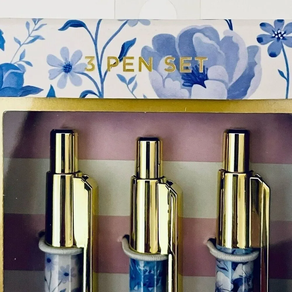 NWT Gorgeous Clementine set of 3 Floral Blue & Gold Pens with Black Ink Gift Set